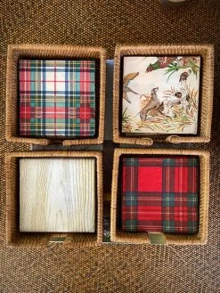 J. Earl & Sons Rattan Cocktail Napkin Box Set - Lodge Cocktail Napkins + Bar Towels + Coasters