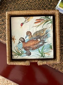 J. Earl & Sons Rattan Cocktail Napkin Box Set - Lodge Cocktail Napkins + Bar Towels + Coasters