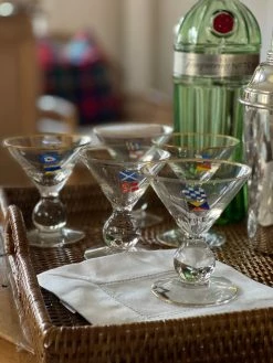 J. Earl & Sons Vintage Hand Painted Nautical Flag Martini Glasses - Set 6 Antique + Vintage