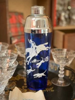 J. Earl & Sons Vintage Cobalt Glass Cocktail Shaker - Fox Hunt Motif