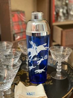 J. Earl & Sons Vintage Cobalt Glass Cocktail Shaker - Fox Hunt Motif